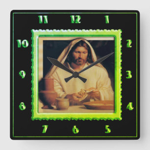 Jesus som bryter brödlimefruktgrönt fyrkantig klocka