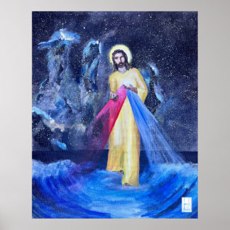 Jesus som går i vatten med skapelarpelare poster