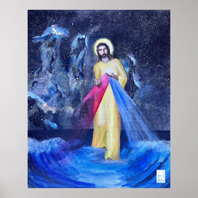 Jesus som går i vatten med skapelarpelare poster (Framsidan)