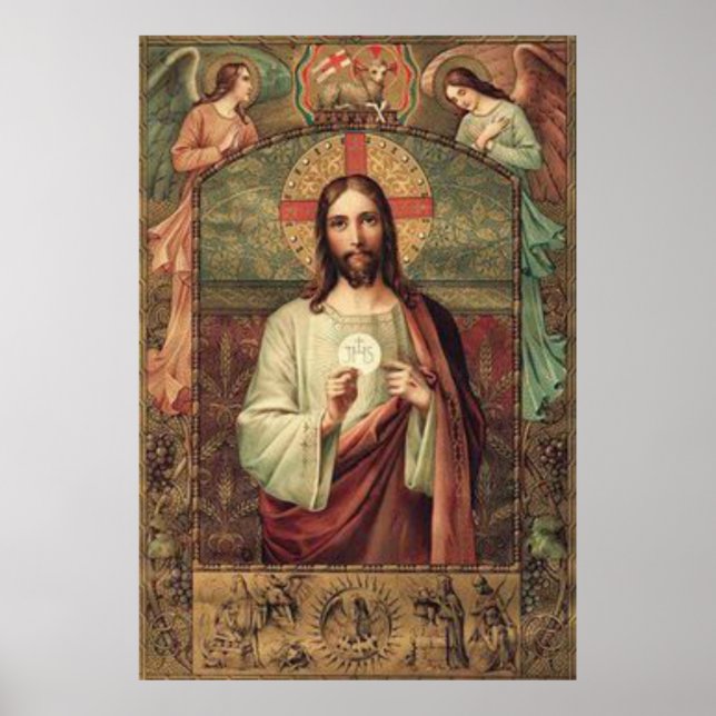 Jesus som håller Eucharist-värden med Änglar ovan Poster (Framsidan)