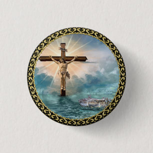 Jesus som hänger från ett kristet crucifixionkor knapp
