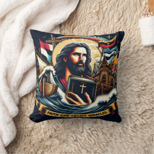 Jesus som har en bibel i vågar och symboler kudde