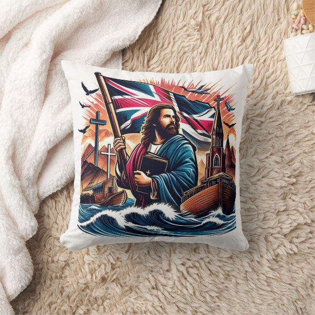 Jesus som har en flagga i stormiga hav kudde (Filt)