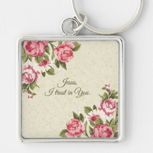Jesus som jag litar på i dig med rosa ros fyrkantig silverfärgad nyckelring