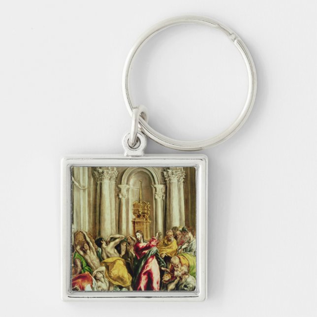 Jesus som kör köpmännen från tempelet fyrkantig silverfärgad nyckelring (Framsidan)