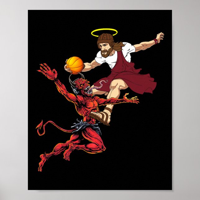 Jesus som kör upp Djävulen-asketbollspelarbagaget Poster (Framsidan)