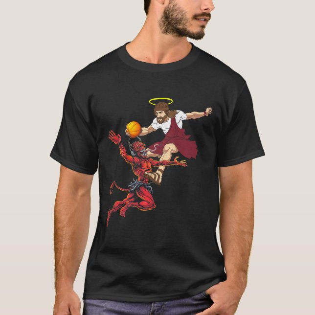 Jesus som kör upp Djävulen-bysketbyllspelarens seg T Shirt (Framsida)