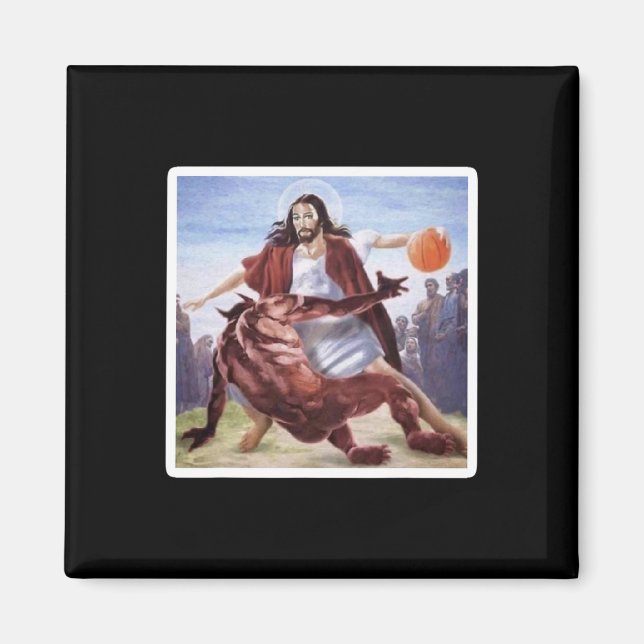 Jesus som kör upp Satan Basketball Magnet (Framsidan)