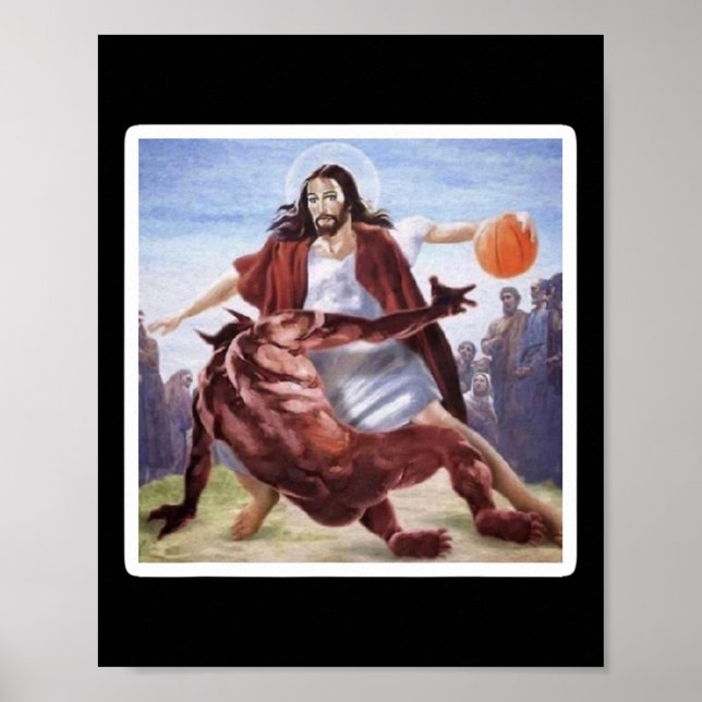 Jesus som kör upp Satan Basketball Poster (Framsidan)