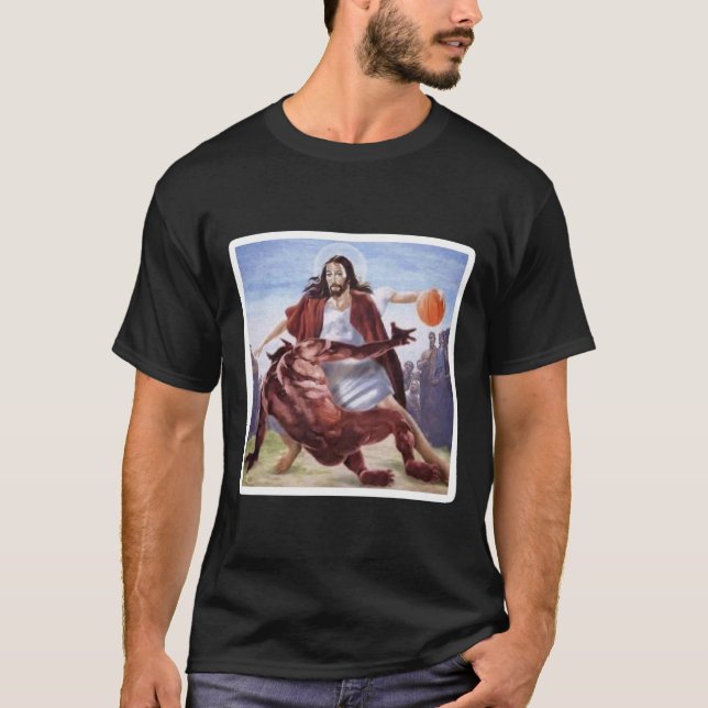 Jesus som kör upp Satan Basketball T Shirt (Framsida)
