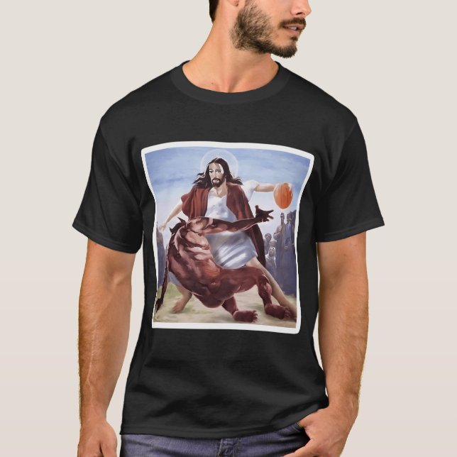 Jesus som kör upp Satan Basketball T Shirt (Framsida)