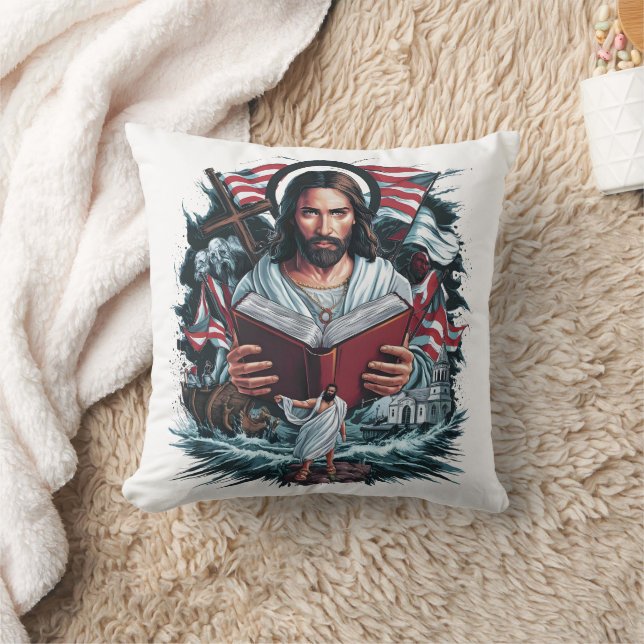 Jesus som läser i vågar och trossymboler kudde (Filt)