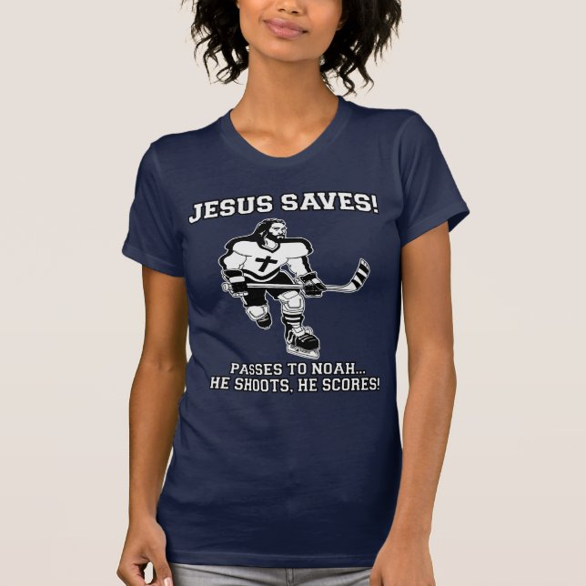 Jesus sparar den roliga tshirten för hockey tee shirt (Framsida)