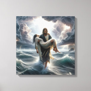 Jesus sparar en ung kvinna i en storm canvastryck