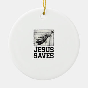 Jesus Sparar Fotbollsmålvakt Vintage Gravyr Tröja_ Julgransprydnad Keramik