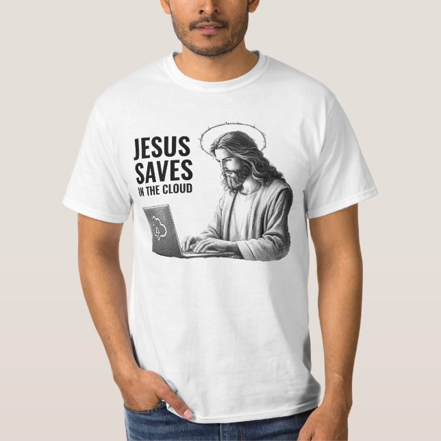Jesus Sparar i Molnet - Rolig Jesus Meme T Shirt (Framsida)