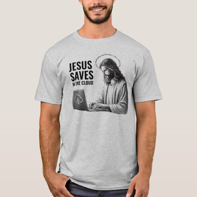 Jesus Sparar i Molnet - Roligt Jesus Meme T Shirt (Framsida)