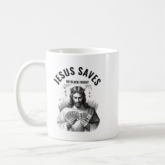 Jesus Sparar på Black Friday - Rolig Jesus Meme Kaffemugg (Vänster)