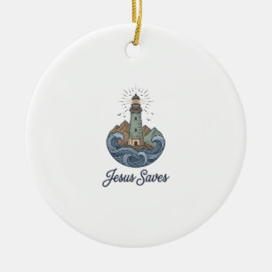 Jesus Sparar Vintage Lighthouse Kristet T-Shirt_1 Julgransprydnad Keramik