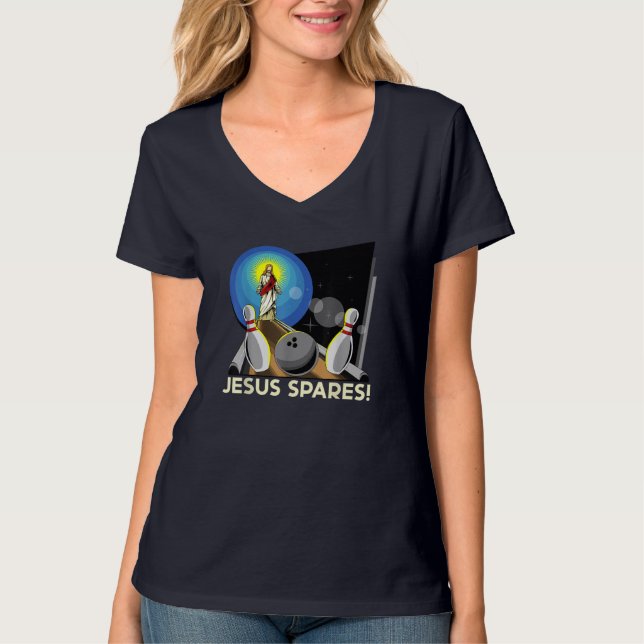 Jesus Spares Funny Christian Bowling Pun T Shirt (Framsida)