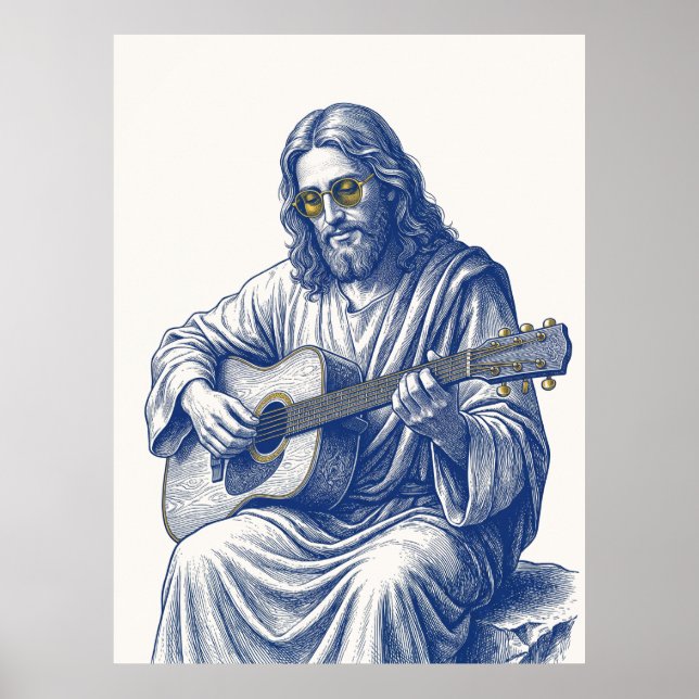 Jesus spelar gitarr Gravyr stilkonst Poster (Framsidan)