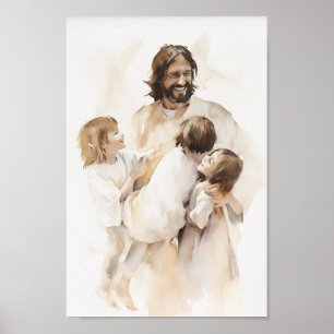 Jesus spelar med Children Watercolor Art Print Poster