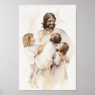 Jesus spelar med Children Watercolor Art Print Poster