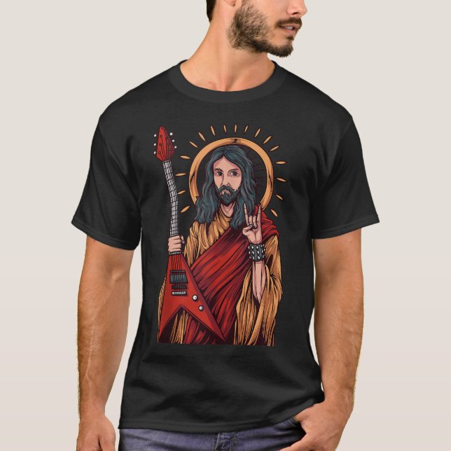 Jesus spelar tungt Metall Guitar T Shirt (Framsida)