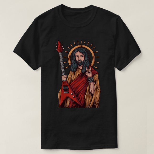 Jesus spelar tungt Metall Guitar T Shirt (Design framsida)