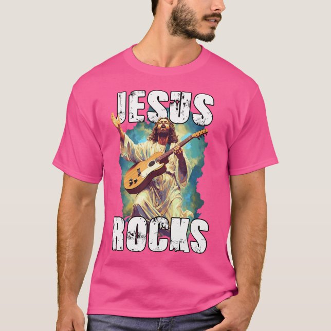 Jesus Sten med Guitar - Lustigt Christian Sten Ch T Shirt (Framsida)