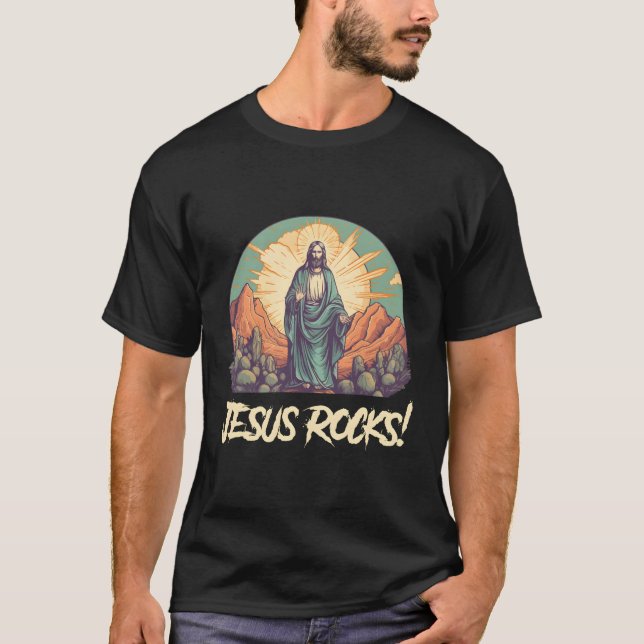 Jesus Sten Musician Rocker Kristus T Shirt (Framsida)