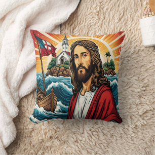 Jesus stod vid havet med en båt vid solnedgången kudde