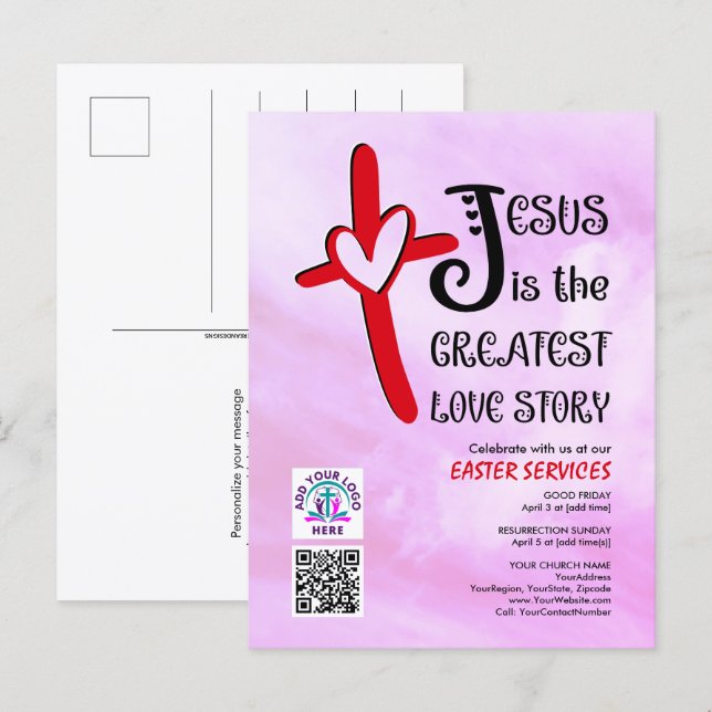 JESUS STÖRSTA KÄRLEKSHISTORIA Logo QR-kod PÅSK Inbjudan Vykort (Fram/baksida)