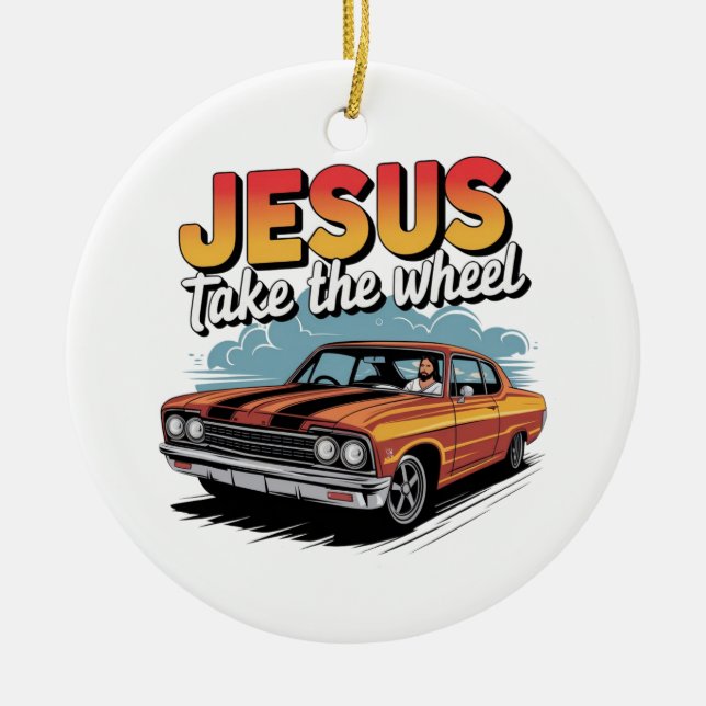 Jesus Ta Hand Om Rattemuskelbil Julgransprydnad Keramik (Framsidan)