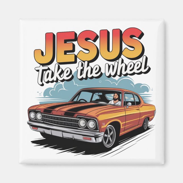 Jesus Ta Hand Om Rattstången Vintage Muskelbil Magnet (Framsidan)