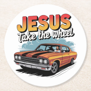 Jesus Ta Hand Om Rattstången Vintage Muskelbil Underlägg Papper Rund