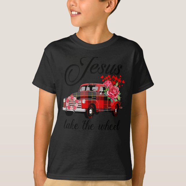 Jesus Take The Wheel Red Truck Christmas God Belie T Shirt (Framsida)