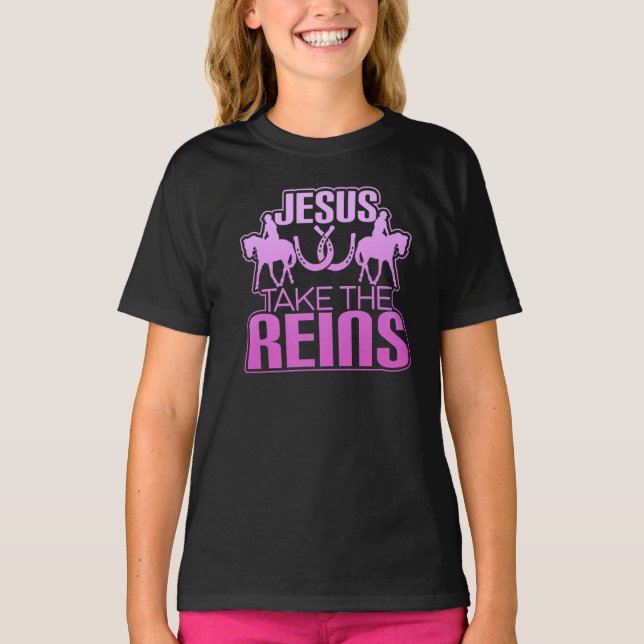Jesus tar Reins Coola Tävling Horse    TT- T Shirt (Framsida)