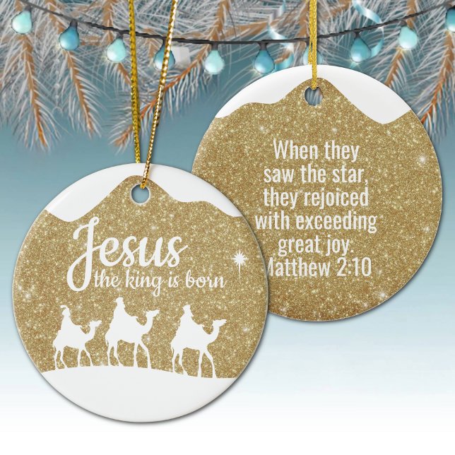 Jesus the King is Born Divine Passage ⛪️ 🎄 Julgransprydnad Keramik (Customizable phrase Jesus the King is Born, Inspirational Holiday Ceramic Ornament Gold Sparkle 🤴✞)