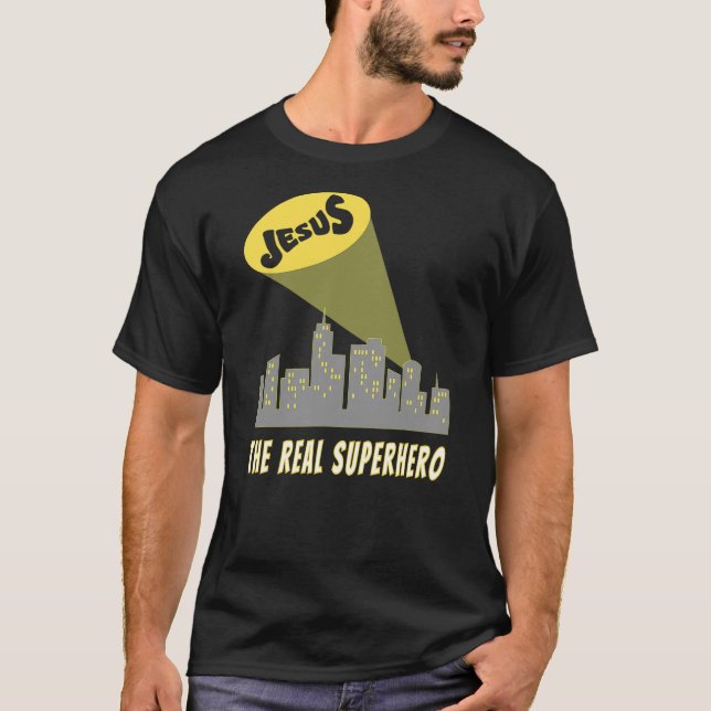 Jesus the Real Superhero Bat Signal T Shirt (Framsida)