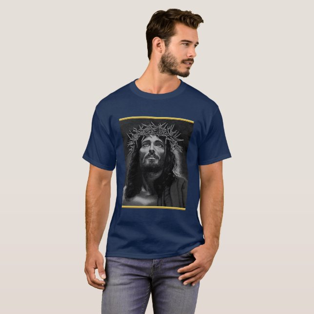 Jesus tittar in i himlen med en guld-folie. t-shirt (Hel framsida)