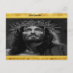 Jesus tittar in i himlen med en guld-folie. vykort