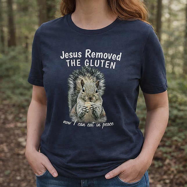 Jesus Tog Bort Gluten Rolig Ekorre Design T Shirt (Funny! Gluten-Free Christian Squirrel Shirt)