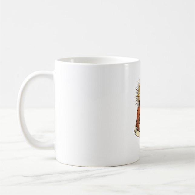 Jesus trasig stående skrivbord fastnat halvvägs ko kaffemugg (Vänster)