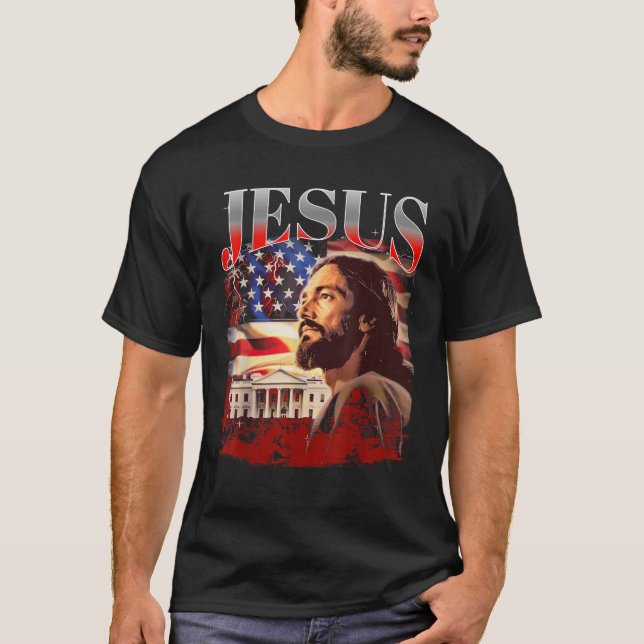 Jesus USA Patriot Meme 90s Bootleg Rap Mer T Shirt (Framsida)