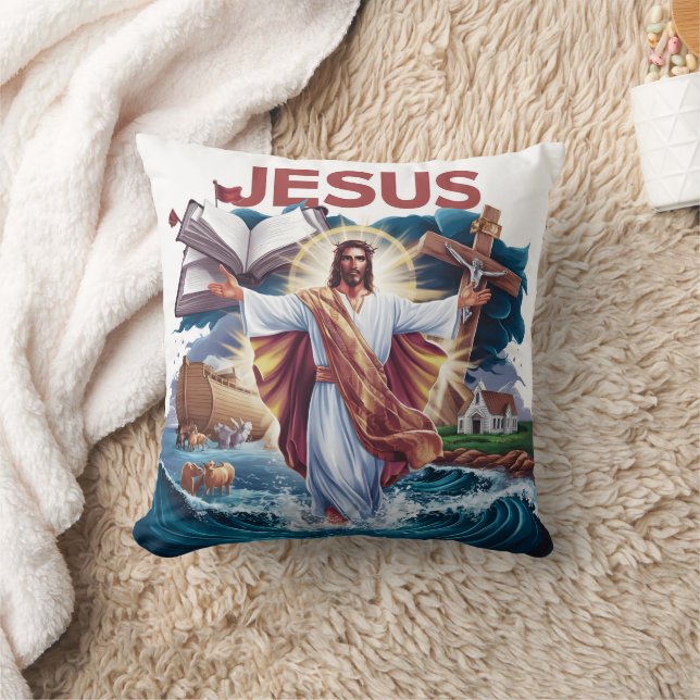 Jesus välkomnar skapandet på stormiga vatten kudde (Filt)