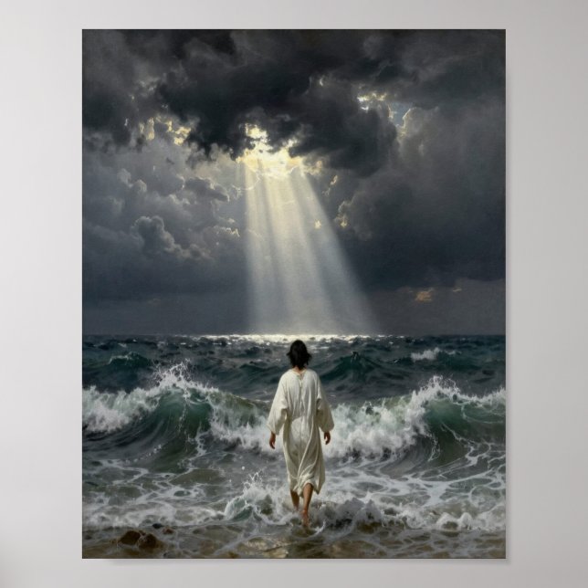 Jesus vandrar in i stormiga hav Affisch (Framsidan)