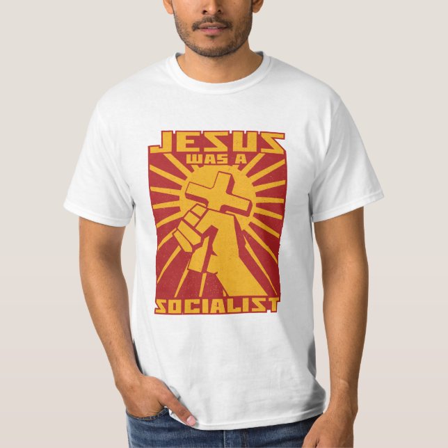 Jesus var socialistisk Retro Red och Gult T Shirt (Framsida)
