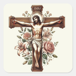 Jesus vid Crucifix med Ro Religiösa Fyrkantigt Klistermärke