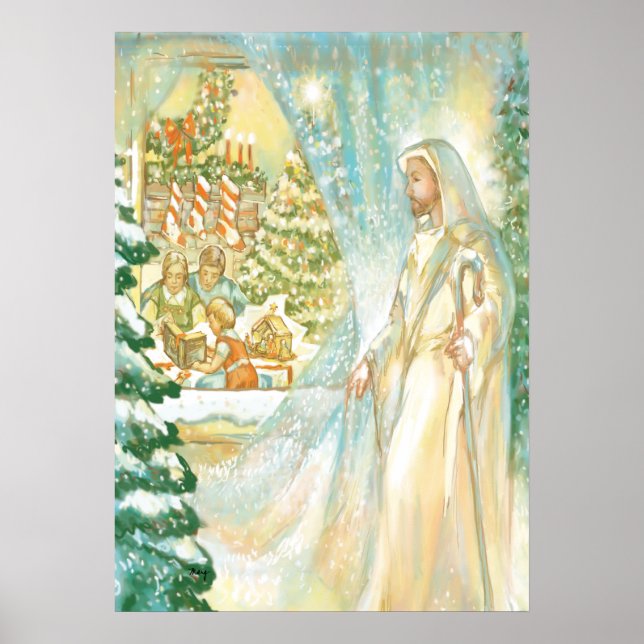 Jesus vid jul Tittar genom Snö slöja Poster (Framsidan)